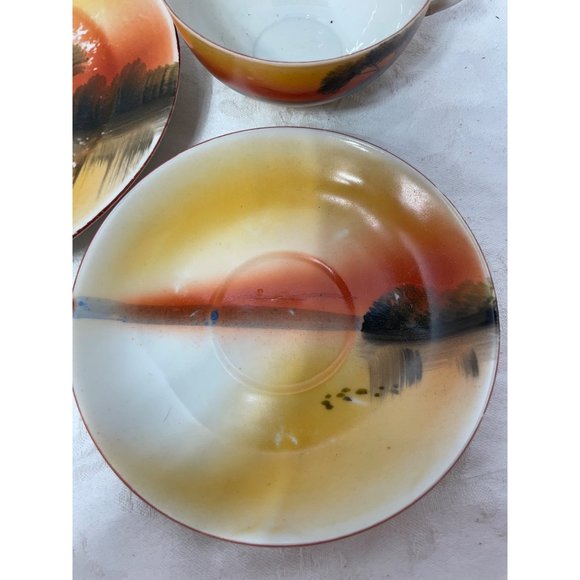 Luster ware Cup Saucer Plate Swan Lake Sunset - Picture 5 of 12